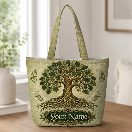 Celtic Tree Of Life With Name Cartouche For Travel, Gym And Everyday Adventures Quilted Tote Bag