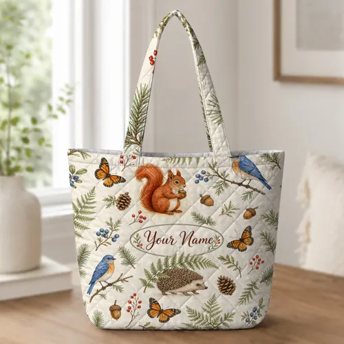 Woodland Squirrel Hedgehog Birds And Butterflies For Everyday Nature Lover Gifts Quilted Tote Bag