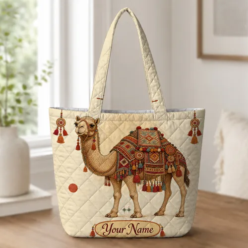 Embroidered Camel With Kilim Tassels Everyday Travel Gift For Desert Culture Lovers Quilted Tote Bag