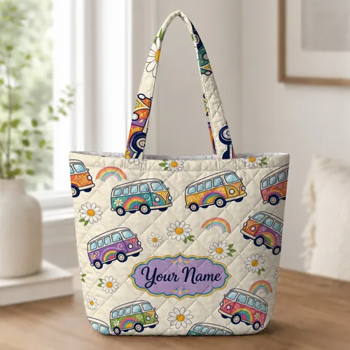 Rainbow Minibus And Daisy Motifs For Summer Road Trips, Gym Days And Weekend Travel Quilted Tote Bag