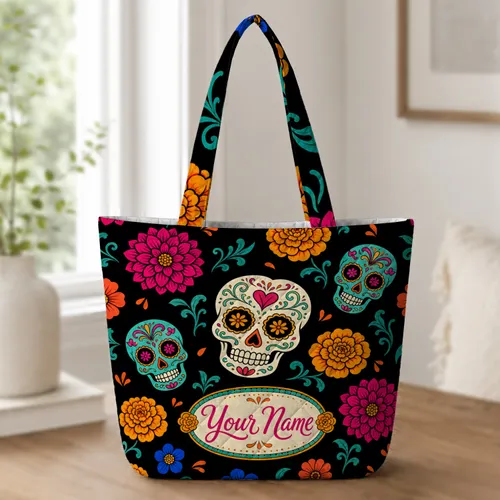 Dia De Los Muertos Sugar Skull Flowers For Halloween Travel And Everyday Style Lovers Quilted Tote Bag