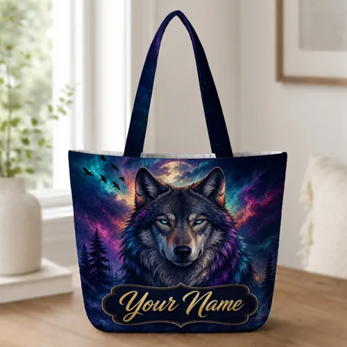 Colorful Gray Wolf Moon Night Sky Adventure Gift For Fantasy Wildlife Lovers Quilted Tote Bag