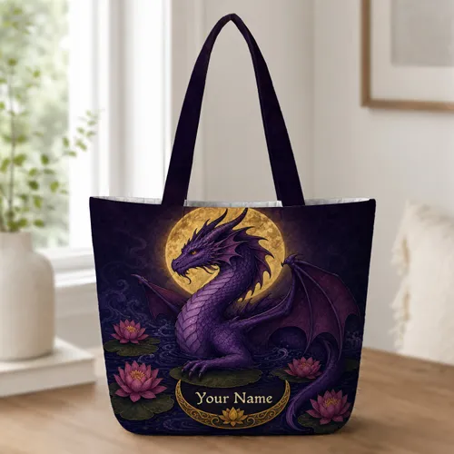 Purple Water Dragon Moon Lotus For Night Travel, Book Lovers And Fantasy Readers Quilted Tote Bag