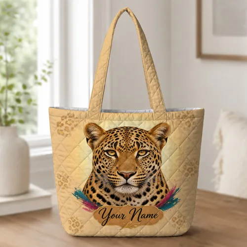 Golden Leopard Portrait For Stylish Travel And Everyday Carry Fashion Wildlife Lovers Quilted Tote Bag