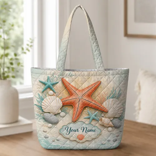Coral Starfish And Shells For Beach Trips, Summer Travel And Coastal Gift Giving Quilted Tote Bag