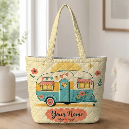 Vintage Camper Caravan Travel Gift For Women Camping And Weekend Road Trip Adventures Quilted Tote Bag