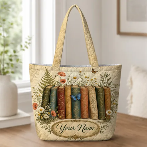 Vintage Botanical Books And Butterfly For Library Lovers, Book Club And Daily Errands Quilted Tote Bag
