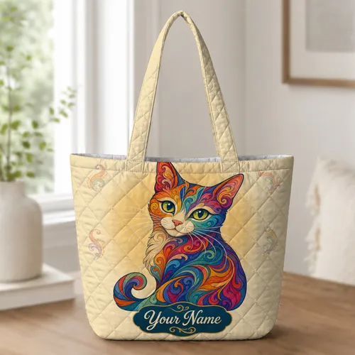 Colorful Whimsical Cat Portrait For Everyday Travel, Yoga, And Cat Lover Gift Giving Quilted Tote Bag