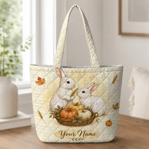 White Rabbits With Pumpkins For Autumn Harvest Gifts And Thanksgiving Farmhouse Style Quilted Tote Bag