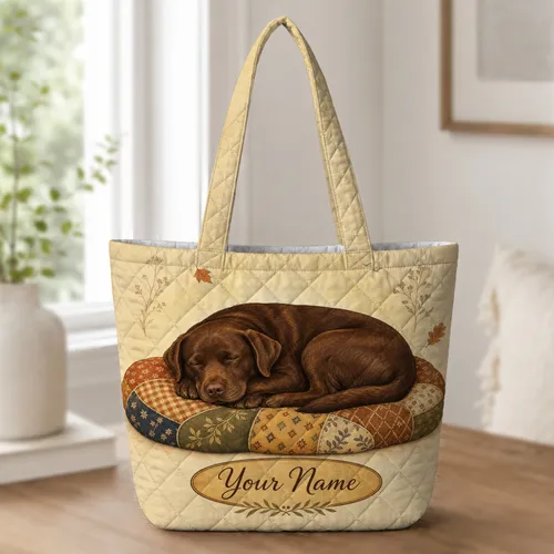 Sleeping Chocolate Labrador With Patchwork Cushion For Autumn Travel And Dog Lovers Quilted Tote Bag