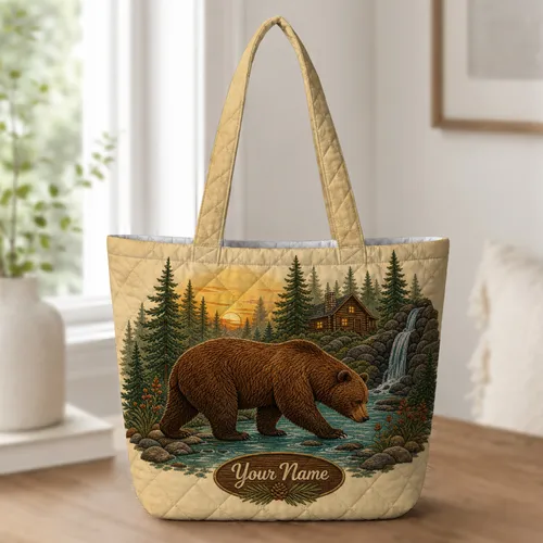 Vintage Brown Bear Cabin Waterfall Forest For Camping Travel And Outdoor Adventure Lovers Quilted Tote Bag