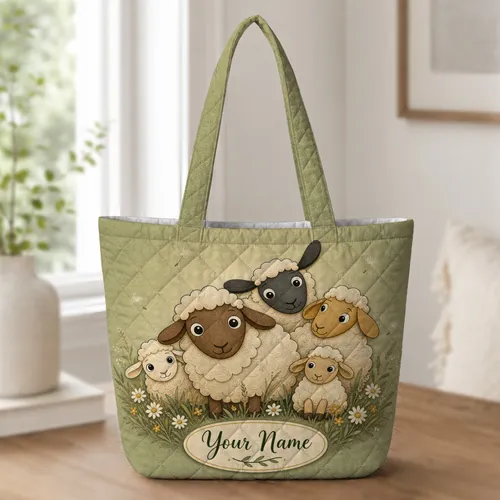 Whimsical Sheep Meadow Everyday Shopping And Travel Gift For Country Farm Animal Lovers Quilted Tote Bag