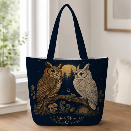 Moonlit Owl Woodland Scene for Book Lovers, Workdays, Travel, and Nature Enthusiasts Quilted Tote Bag