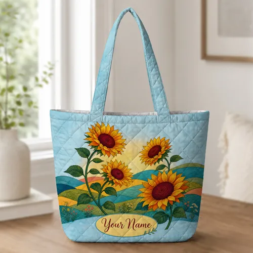 Sunflower Meadow Folk Art Gift For Summer Market Days Everyday Errands For Garden Lovers Quilted Tote Bag