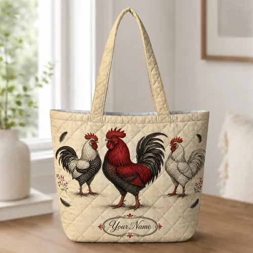 Vintage Rooster Farmhouse Folk Art For Grocery Runs, Market Days And Country Gifts Quilted Tote Bag