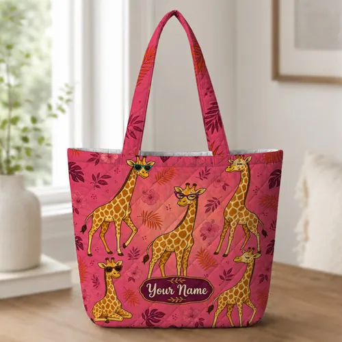 Retro Giraffe Sunglasses With Hibiscus Flowers Travel Weekender Stylish Gift for Women Quilted Tote Bag