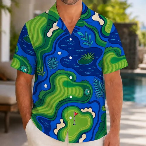 Blue Green Golf Course Aloha Motif For Resort Travel, Club Days And Weekend Golfers Hawaiian Shirt