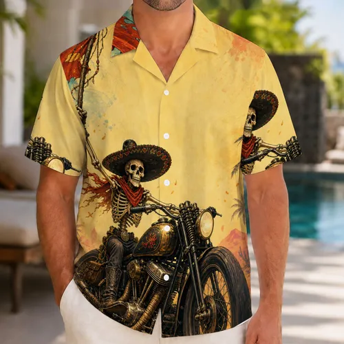 Skeleton Outlaw Riding Vintage Motorcycle for Halloween Beach Vacation Parties Men Hawaiian Shirt