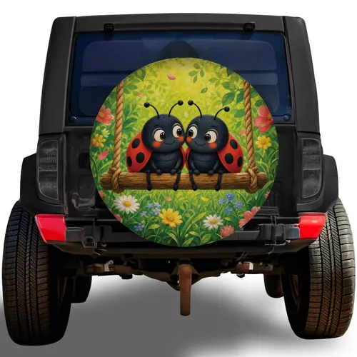 Cute Ladybugs On Wooden Swing For Spring Garden Lovers And Outdoor Adventure Style Spare Tire Cover