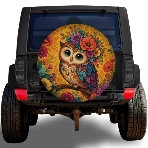 Floral Crown Owl Garden Motif For Nature Loving SUV Jeep Outdoor Adventure Enthusiasts Spare Tire Cover
