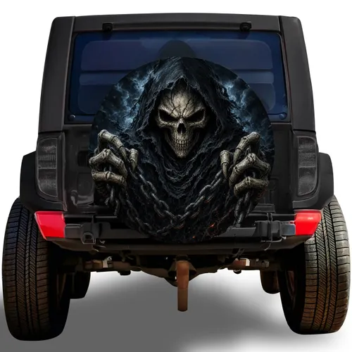 Menacing Hooded Skeleton With Chains For Dark Gothic Jeep SUV Off Road Trail Fans Spare Tire Cover