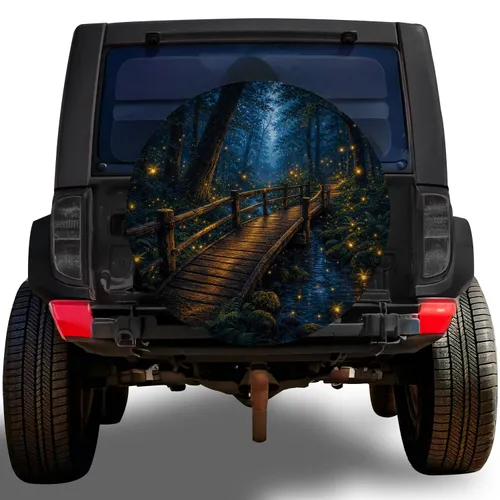 Firefly Forest Bridge Scene For Twilight Camping And Woodland Nature Road Trips Spare Tire Cover