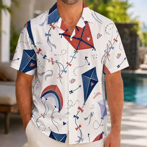 Patriotic Red Navy Kite Motifs for Beach Vacations, Summer Parties and Resort Travel Hawaiian Shirt