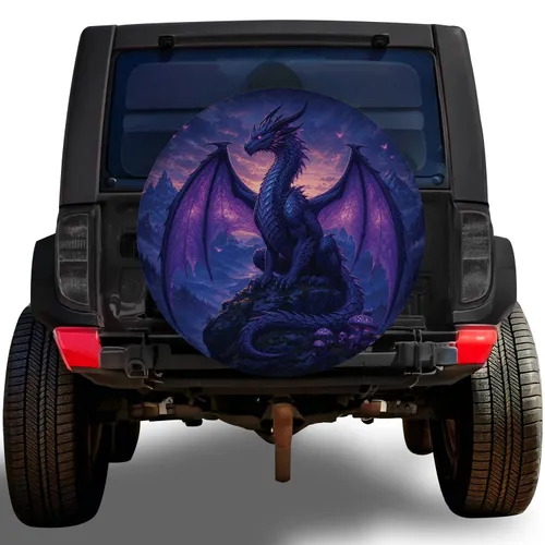 Majestic Blue Purple Dragon Mountain Sunset Scene For Gothic Halloween Road Trip Fans Spare Tire Cover
