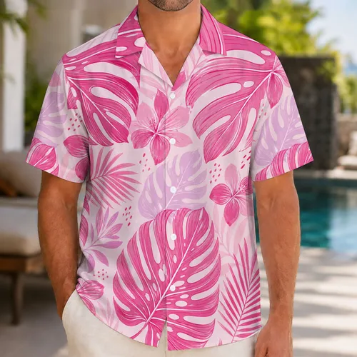 Pink Monstera And Palm Botanical Motifs For Beach Vacation And Summer Poolside Style Hawaiian Shirt
