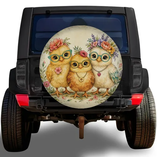 Floral Chicken Trio With Glasses For Farmhouse Road Trips And Chicken Lovers Gift Spare Tire Cover