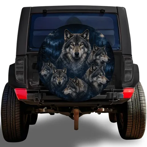 Six Gray Wolves Under Twin Moons For Midnight Forest Off Road Adventure Enthusiasts Spare Tire Cover