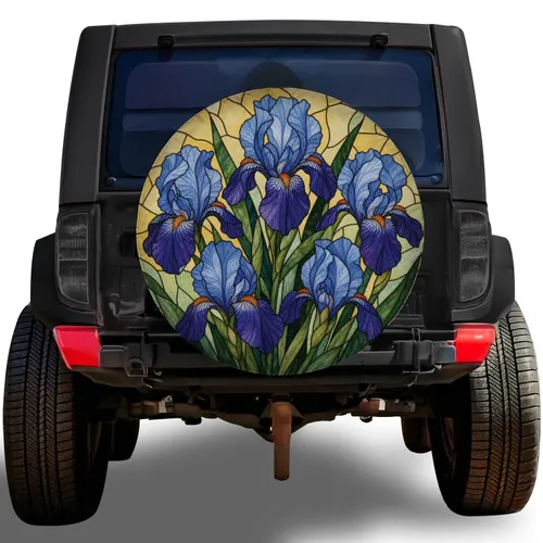 Stained Glass Purple Iris Bouquet Decor for RV Camping, Road Trips and Garden Lovers Spare Tire Cover