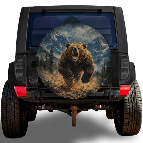 Charging Grizzly Bear Alpine Mountain Adventure Off Road Wildlife Gift For Jeep Drivers Spare Tire Cover