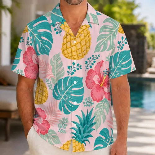 Tropical Pineapple Hibiscus Monstera Resort Vacation Aloha Outfit for Island Travel Hawaiian Shirt