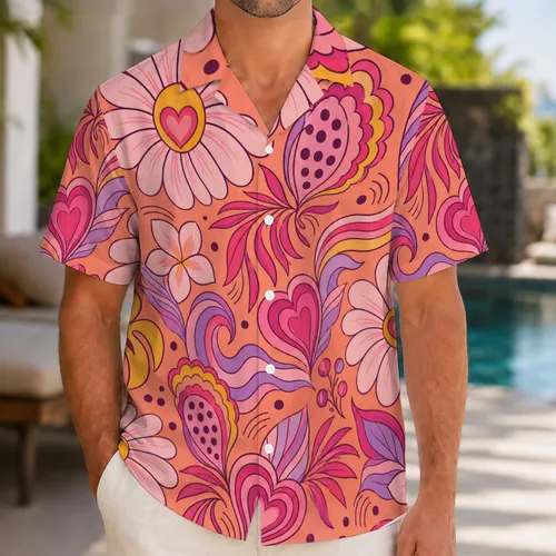 Retro Tropical Flowers And Pink Hearts For Beach Vacations And Resort Getaway Style Hawaiian Shirt