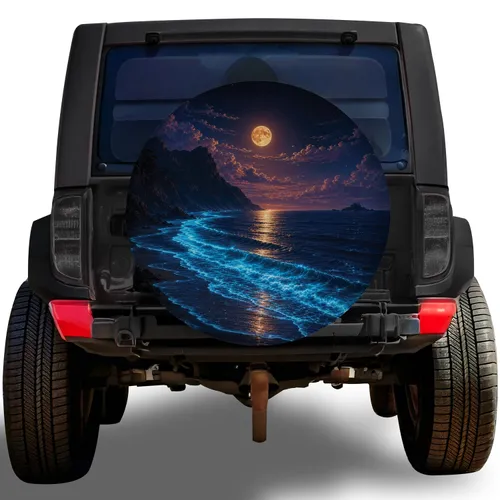Moonlit Ocean Cove Night Landscape For Coastal Adventure And Beach Travel Lovers Spare Tire Cover