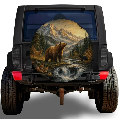 Grizzly Bear Mountain Valley Wildlife Scene For Jeep Camping And Outdoor Adventure Spare Tire Cover