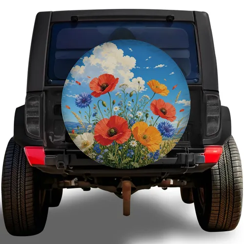 Wildflower Meadow Poppies Under Blue Sky for Boho Road Trips and Outdoor Adventure Spare Tire Cover