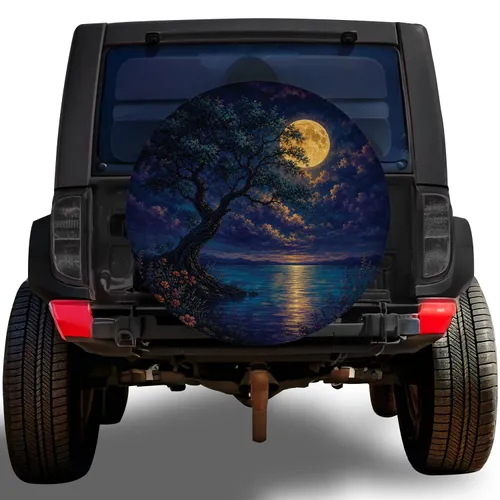 Golden Moonlit Tree And Lake Landscape For Jeep Camping And Outdoor Adventure Lovers Spare Tire Cover