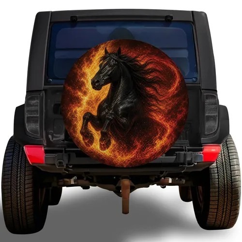 Fiery Black Horse With Flames For Road Trips And Off Road Adventure Driver Gifts Spare Tire Cover