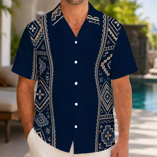 Midnight Navy Geometric Folk Motifs For Beach Resort Weekends And Coastal Getaways Hawaiian Shirt