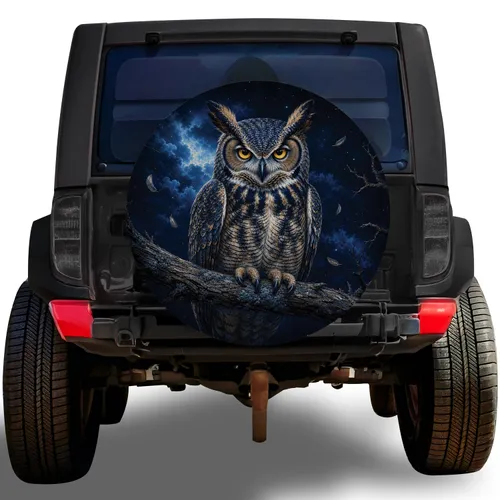 Majestic Horned Owl Under Midnight Sky For Off Road Adventure And Wildlife Lovers Spare Tire Cover