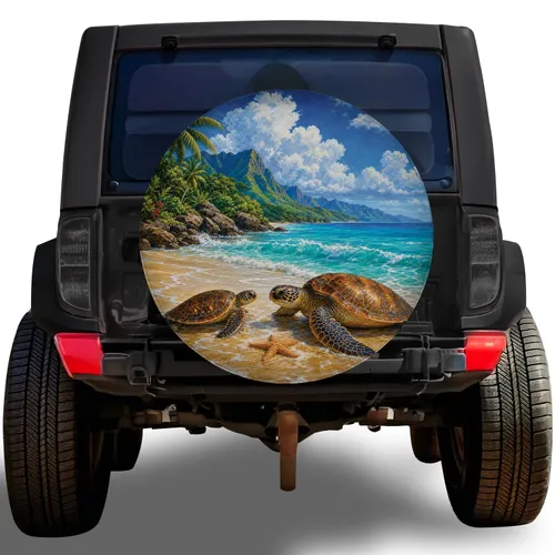 Sea Turtle Tropical Beach Ocean Scene for Coastal Travel and Island Adventure Lovers Spare Tire Cover