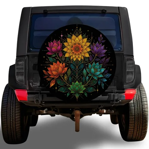 Neon Sacred Geometry Floral Mandala for Boho Off Road Adventure and Camping Lovers Spare Tire Cover