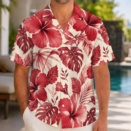Crimson Hibiscus And Monstera Tropical Florals For Resort Vacations And Casual Days Hawaiian Shirt