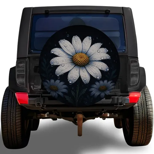 White Daisy Raindrop Botanical For Moody Night Garden Lovers and Floral Car Style Spare Tire Cover