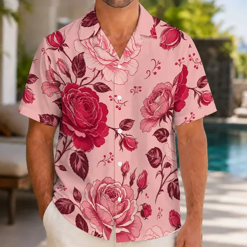 Blush Pink Rose Botanical Resort Travel Party Wear for Men and Garden Wedding Guests Hawaiian Shirt
