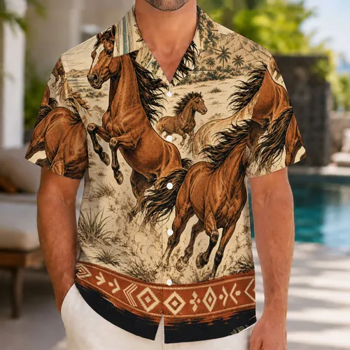 Wild Mustang Herd Western Ranch Style For Island Getaways And Casual Resort Wear Hawaiian Shirt