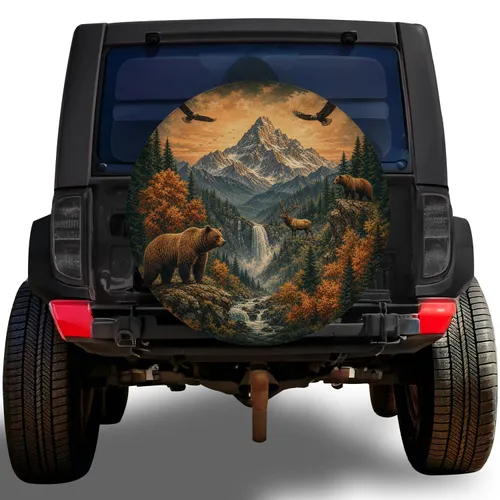 Vintage Mountain Bear Deer Eagles For Camping Adventure SUV And RV Outdoor Enthusiasts Spare Tire Cover