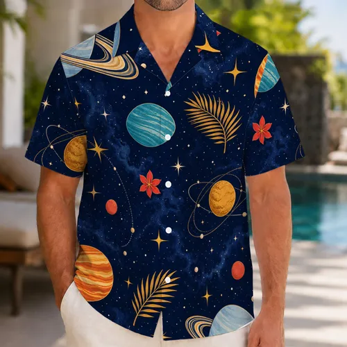 Retro Cosmic Planets And Tropical Flowers For Beach Vacations Cruises And Resort Travel Hawaiian Shirt